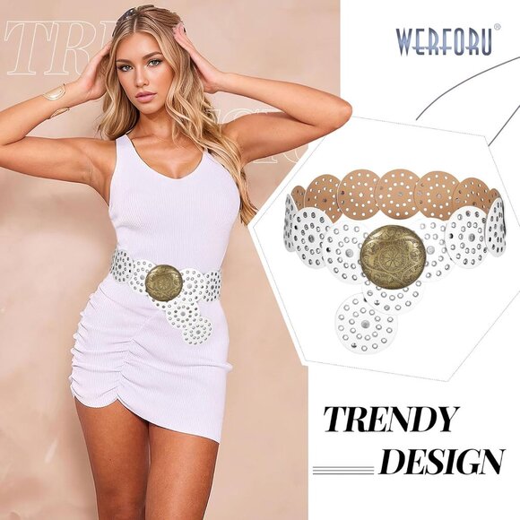 Women Vintage Leather Boho Belt Western Disc Waist Belt for Dress or Jeans - Picture 2 of 6